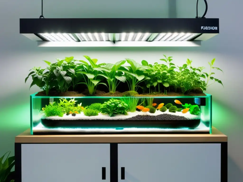 Una impresionante demostración de la nutrición de cultivos acuapónicos en un sistema moderno y vibrante, fusionando tecnología y naturaleza