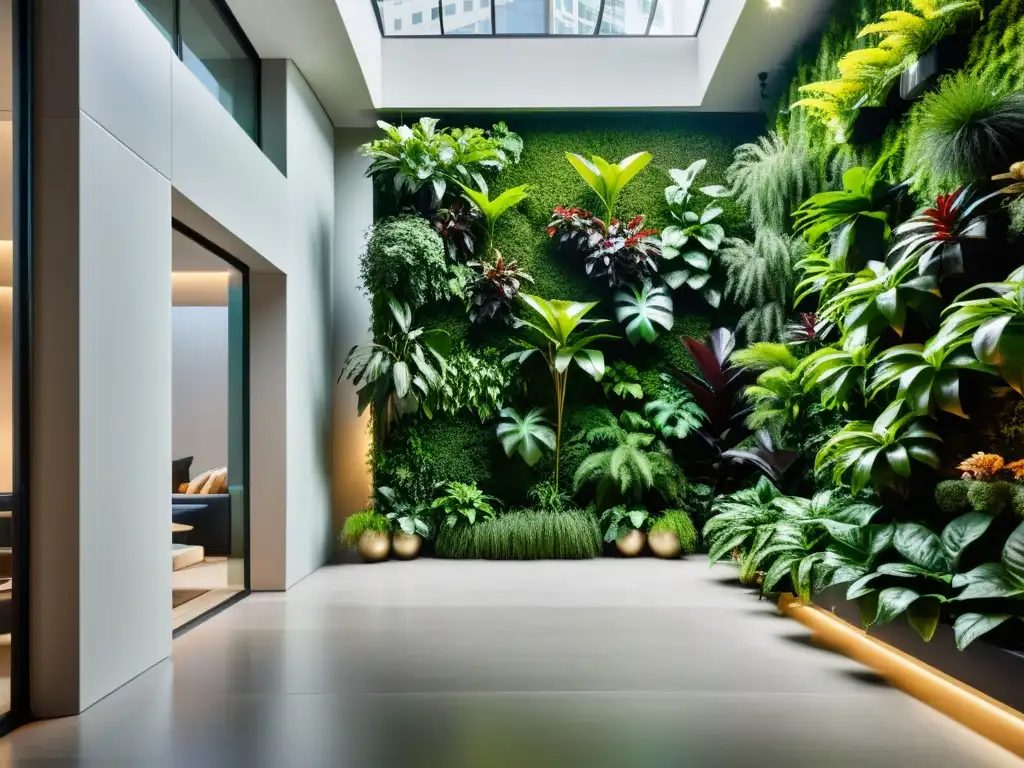 Un impresionante diseño de jardín vertical interior paso a paso, con una pared verde de plantas vibrantes en un espacio moderno y elegante