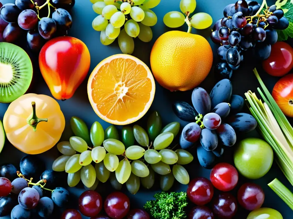 Una impresionante exhibición de frutas y verduras coloridas, destacando la belleza natural de los alimentos funcionales beneficios salud