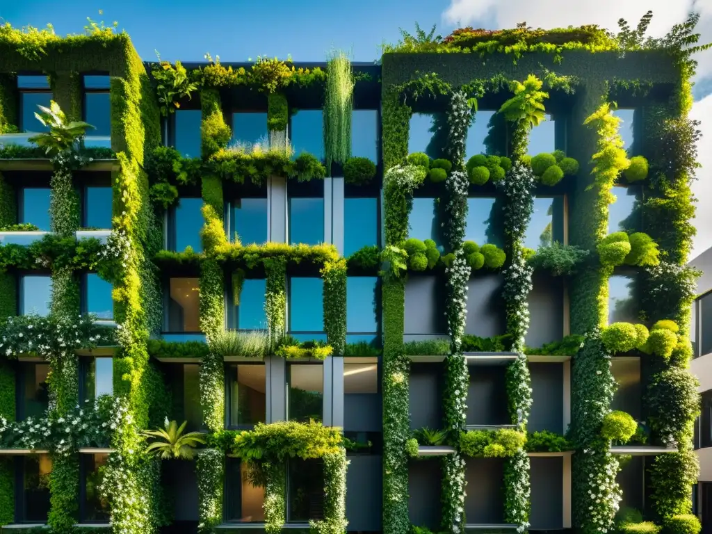 Una impresionante fachada urbana con huertos verticales vibrantes y exuberantes, que aportan armonía entre naturaleza y arquitectura moderna