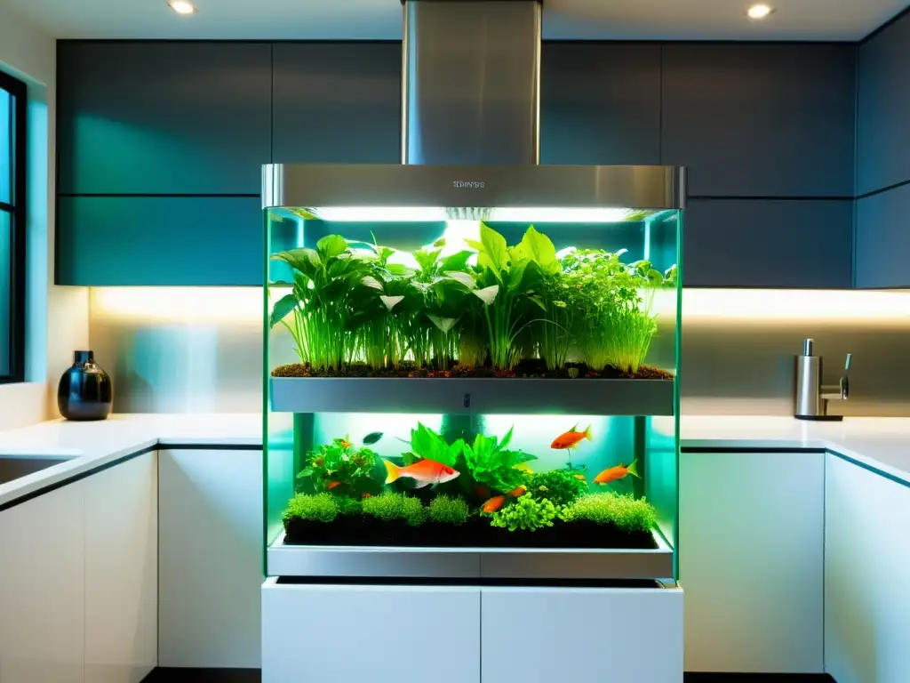 Una impresionante huerta acuapónica vertical en una cocina contemporánea, con beneficios ambientales