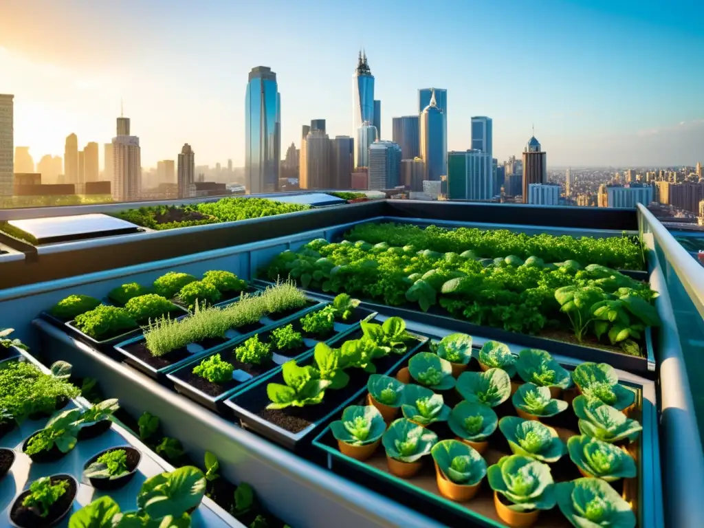 Una impresionante huerta urbana con alimentos antioxidantes para acuaponía urbana, enmarcada por rascacielos y bañada por cálida luz dorada