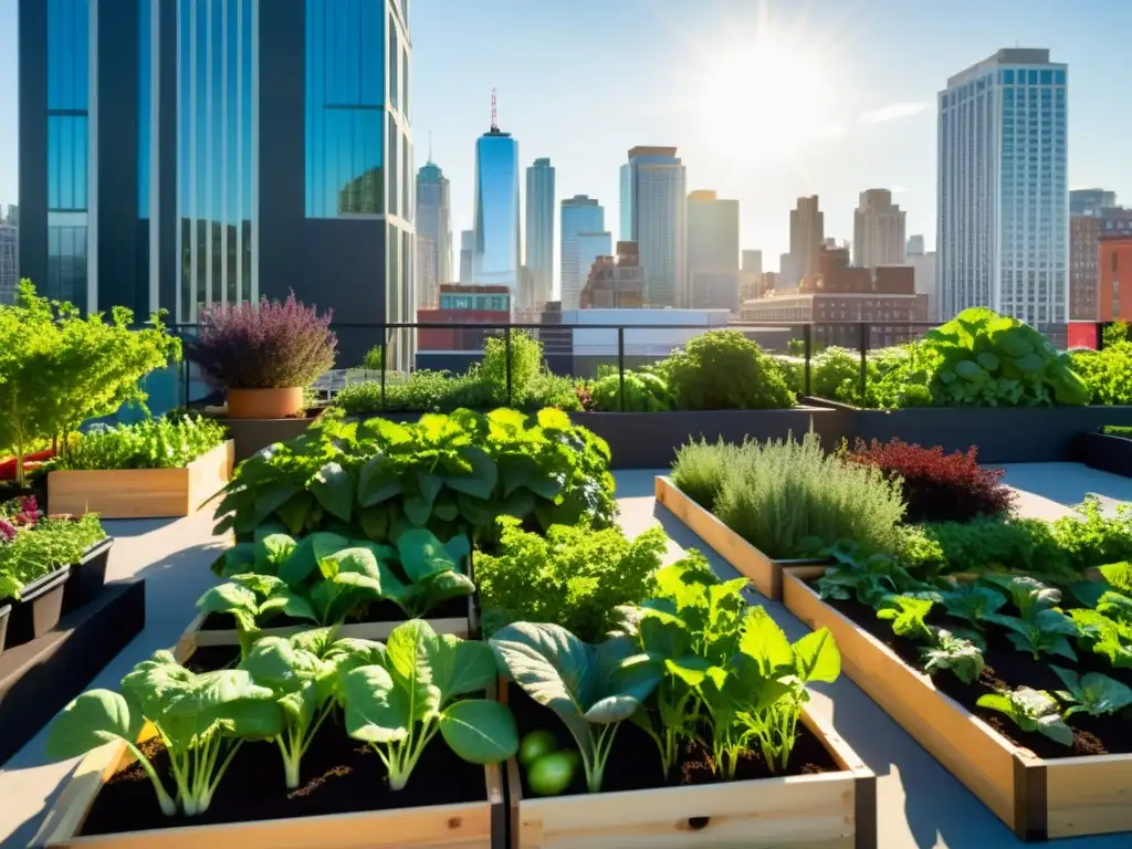 Una impresionante huerta urbana llena de vida y organización, representando casos de éxito agricultura urbana en entornos urbanos