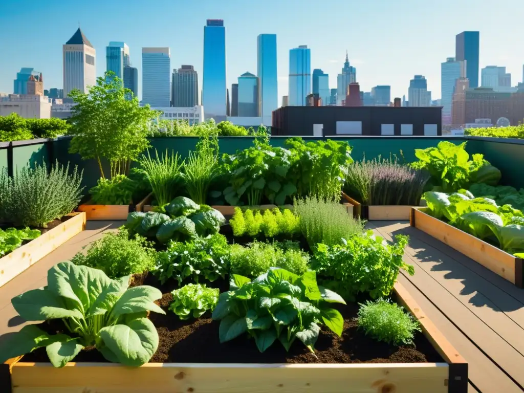 Una impresionante huerta urbana llena de verduras y hierbas, con la ciudad de fondo, ejemplifica casos de éxito agricultura urbana