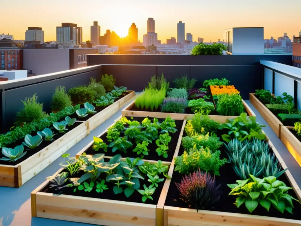 Un impresionante huerto urbano en la azotea con vegetales y hierbas vibrantes, bañado por la cálida luz del atardecer