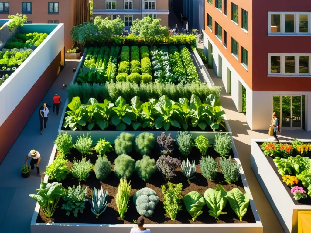 Un impresionante huerto urbano alimentando ciudades con verduras frescas y flores coloridas, rodeado de modernos edificios y tecnologías sostenibles