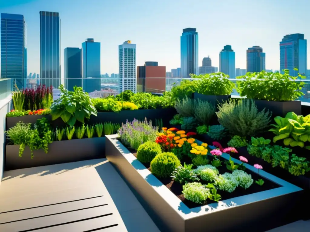 Un impresionante huerto vertical para agricultura urbana, con plantas vibrantes en modernos contenedores, contrastando con el paisaje urbano