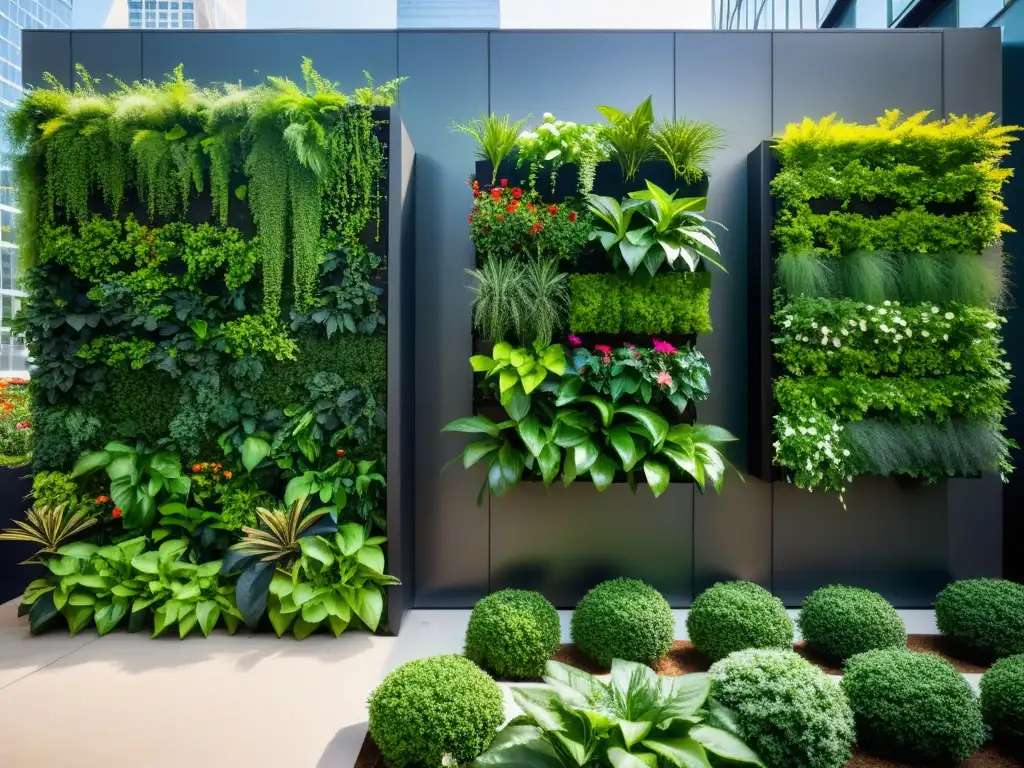 Un impresionante huerto vertical para agricultura urbana en una bulliciosa ciudad, con una variedad de vegetación vibrante y moderna