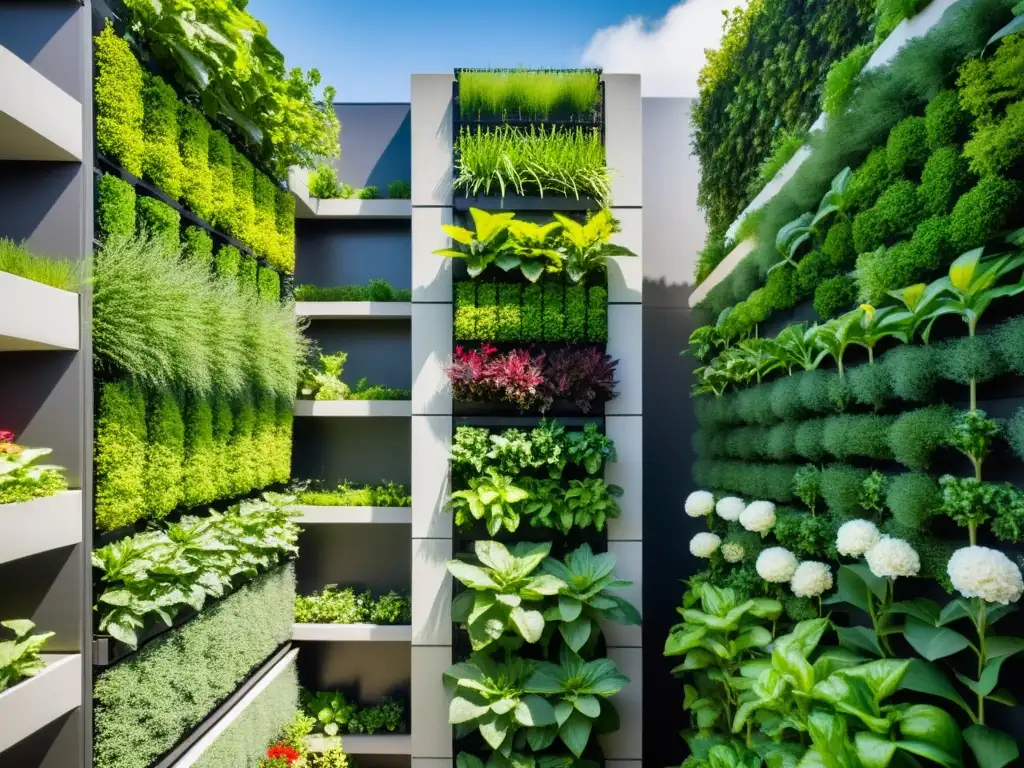 Un impresionante huerto vertical para agricultura urbana, con plantas exuberantes que contrastan con la arquitectura moderna