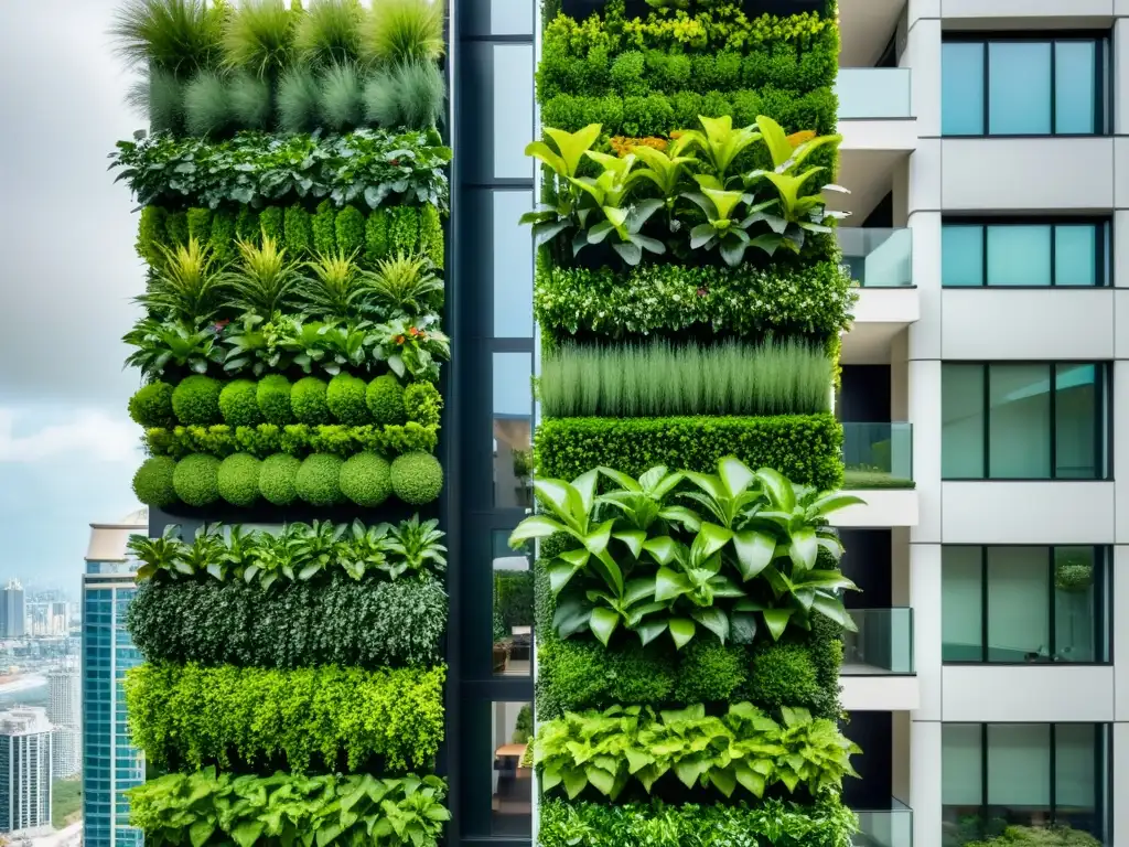 Un impresionante huerto vertical de arte urbano embellece un moderno rascacielos, combinando naturaleza y arquitectura con elegancia