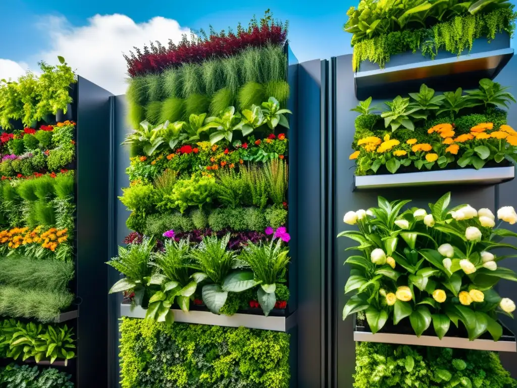 Un impresionante huerto vertical en la azotea, con exuberante vegetación y diseño moderno