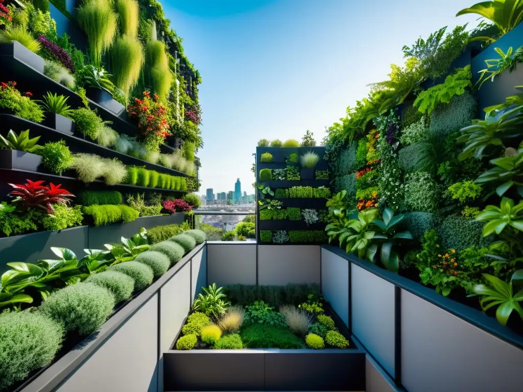 Un impresionante huerto vertical en un balcón urbano, con plantas vibrantes y exuberantes