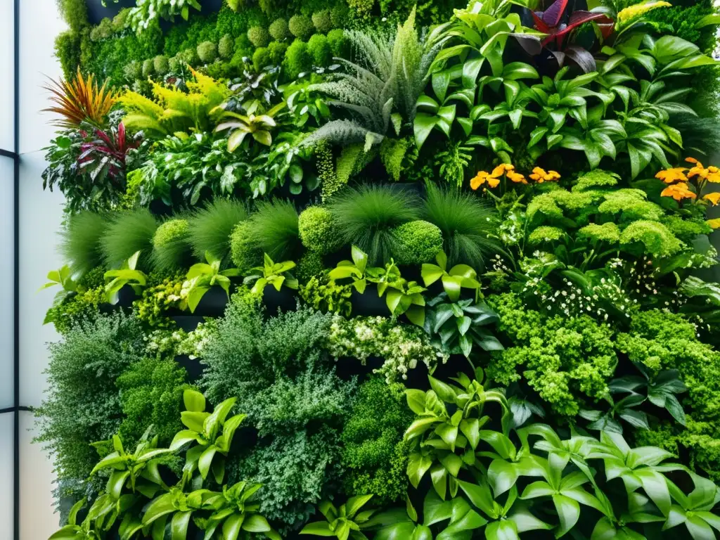 Un impresionante huerto vertical en 8k detalla la belleza de las plantas en un diseño moderno