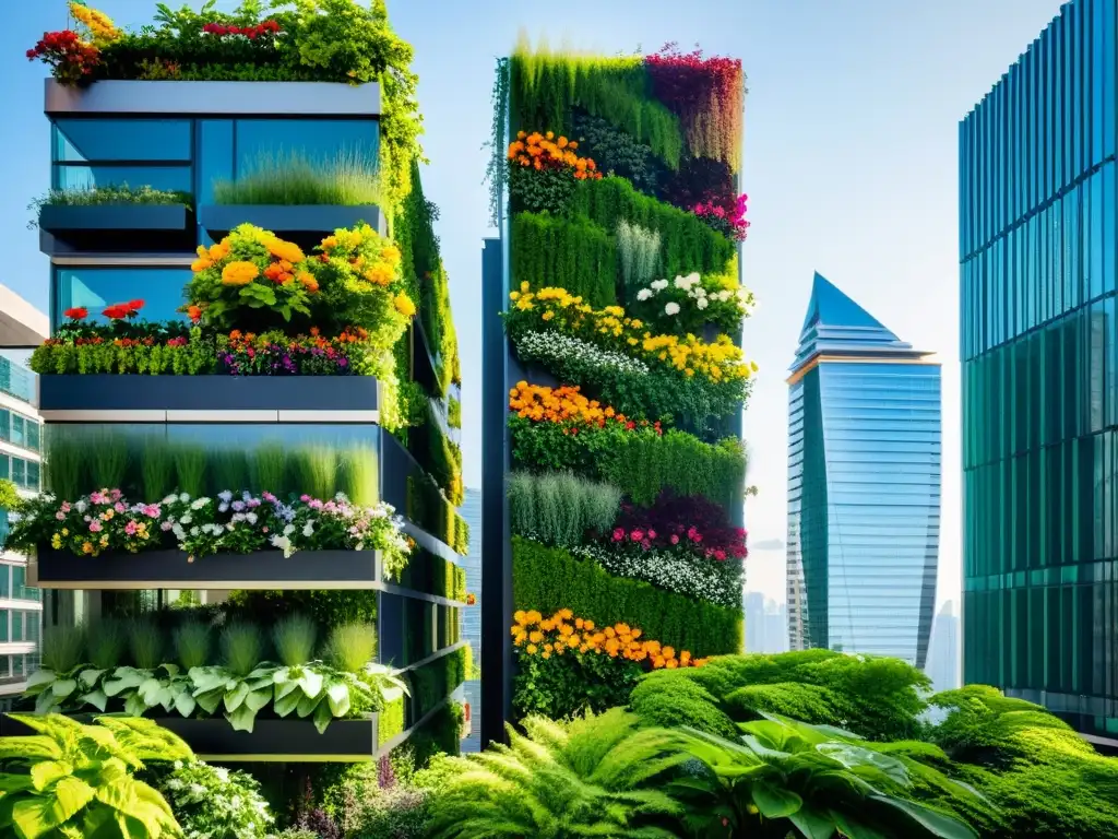 Un impresionante huerto vertical en contraste con el paisaje urbano, ofreciendo soluciones innovadoras para la contaminación del suelo urbano