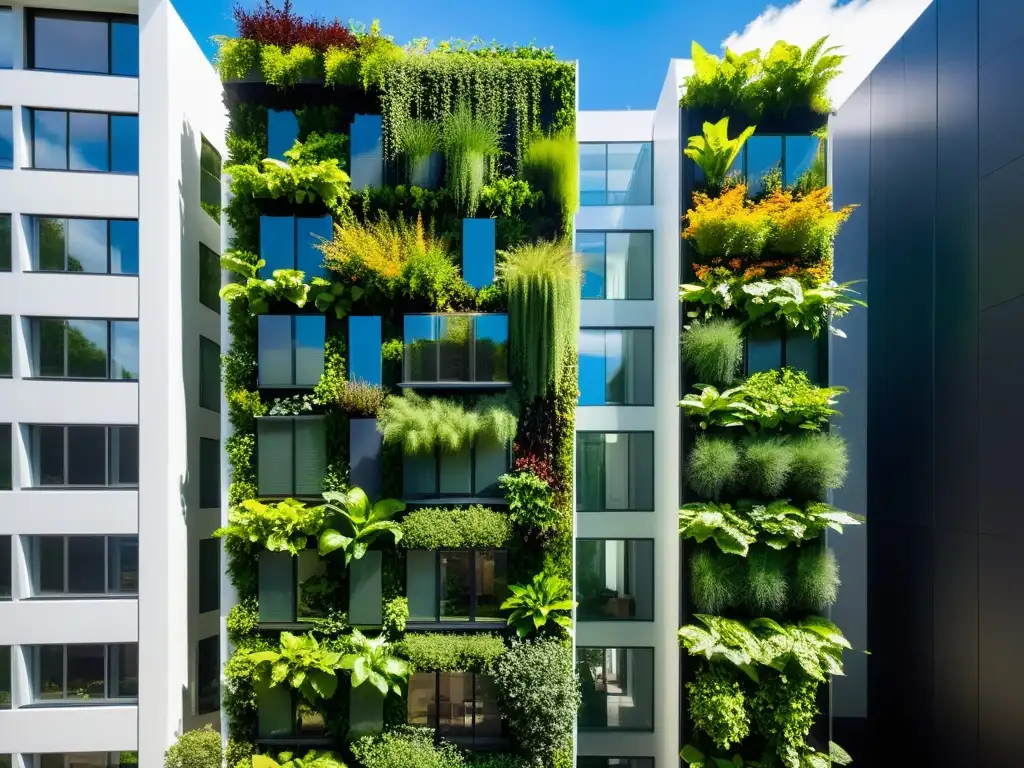 Un impresionante huerto vertical en un edificio urbano, muestra los beneficios de la agricultura urbana en un diseño moderno y natural