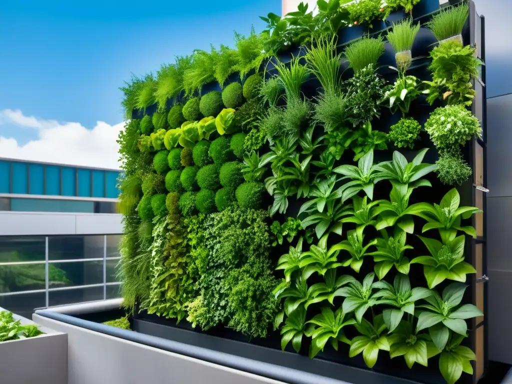 Un impresionante huerto vertical en entorno urbano, con plantas exuberantes en sistema acuapónico