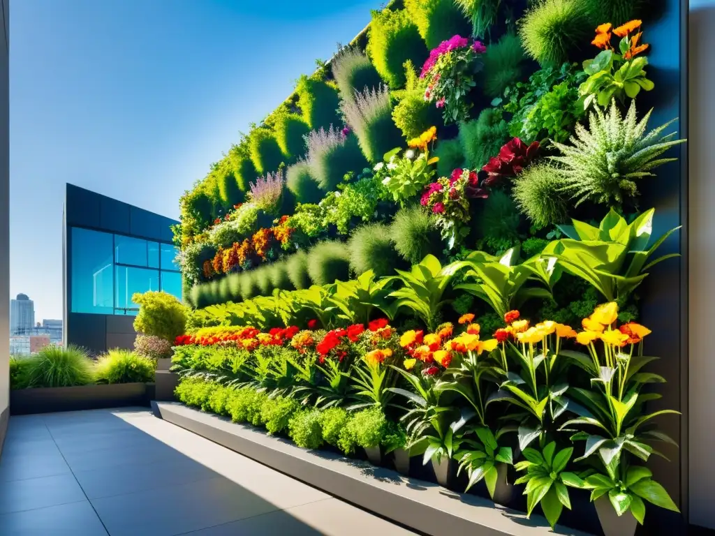 Un impresionante huerto vertical en entorno urbano, con plantas exuberantes y flores coloridas