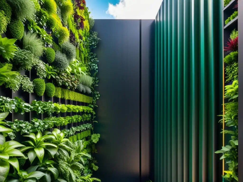 Un impresionante huerto vertical en un entorno urbano moderno, mostrando exuberantes plantas verdes en distintos niveles de una estructura metálica