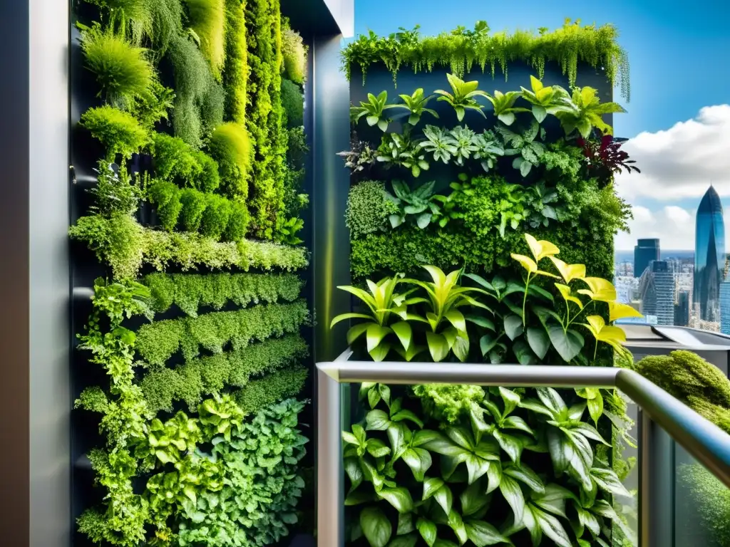 Un impresionante huerto vertical en un entorno urbano, mostrando una innovadora agricultura urbana