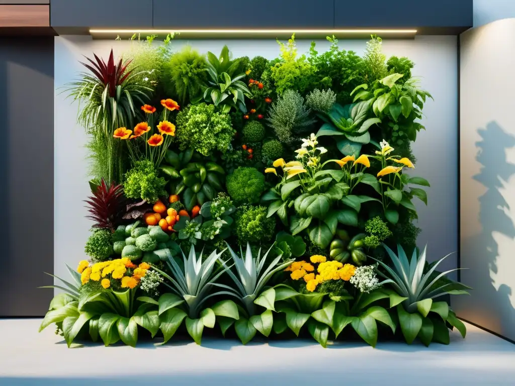 Un impresionante huerto vertical para todas las estaciones, con una variedad de vegetales y flores en un diseño moderno y organizado