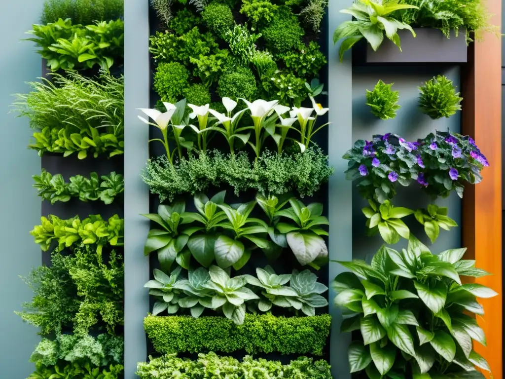 Un impresionante huerto vertical para alimentación y estética, con plantas exuberantes en un diseño moderno y elegante