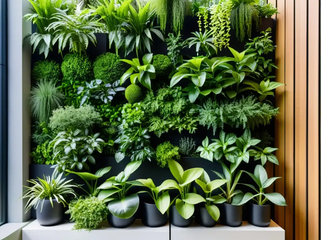 Un impresionante huerto vertical para alimentación y estética, con plantas verdes vibrantes en un diseño moderno y elegante