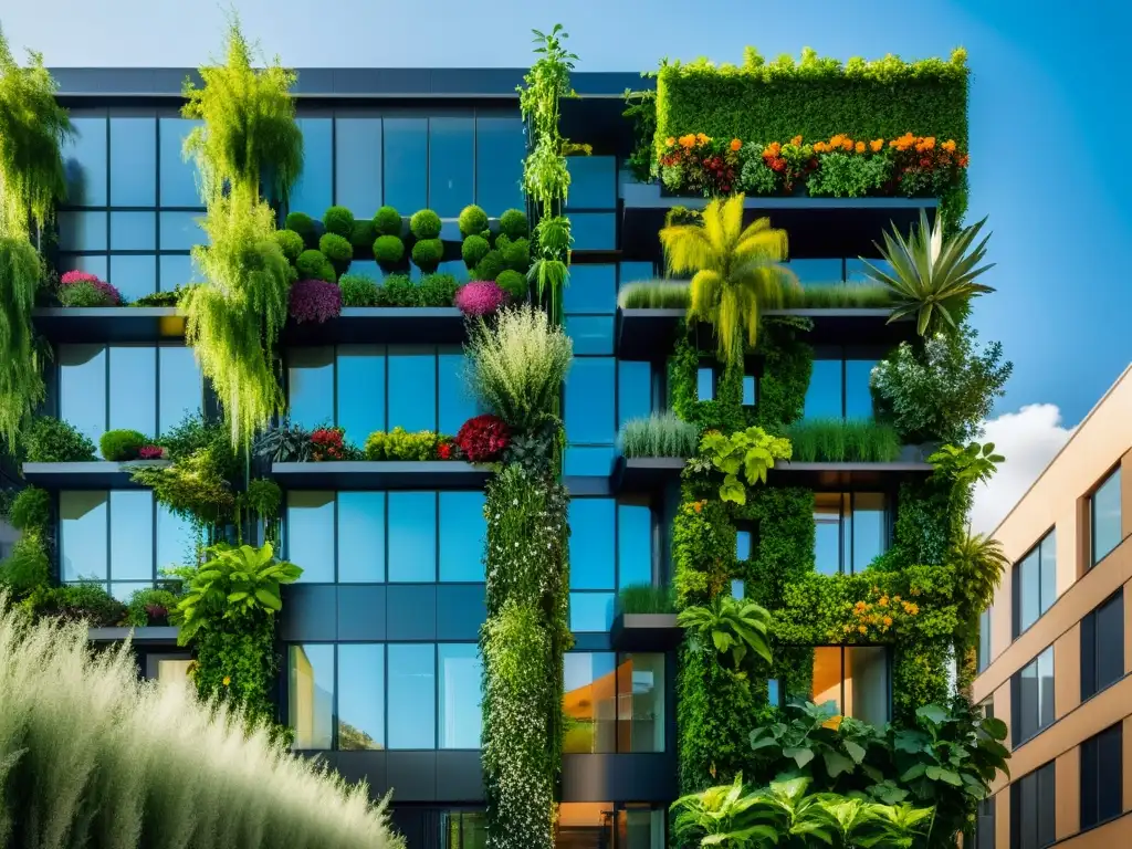 Un impresionante huerto vertical en fachada urbana, integrando naturaleza y arquitectura moderna en armonía