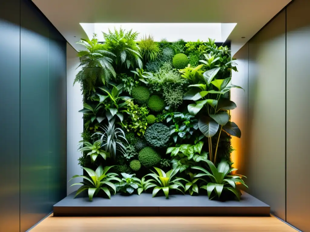 Una fotografía impresionante de un huerto vertical futurista, con plantas exuberantes y diseño moderno