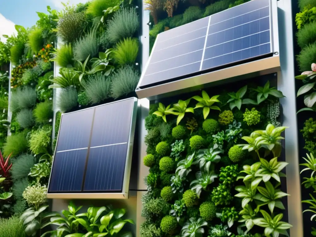 Un impresionante huerto vertical moderno con energía solar, sensores y exuberante vegetación, bañado por la luz natural