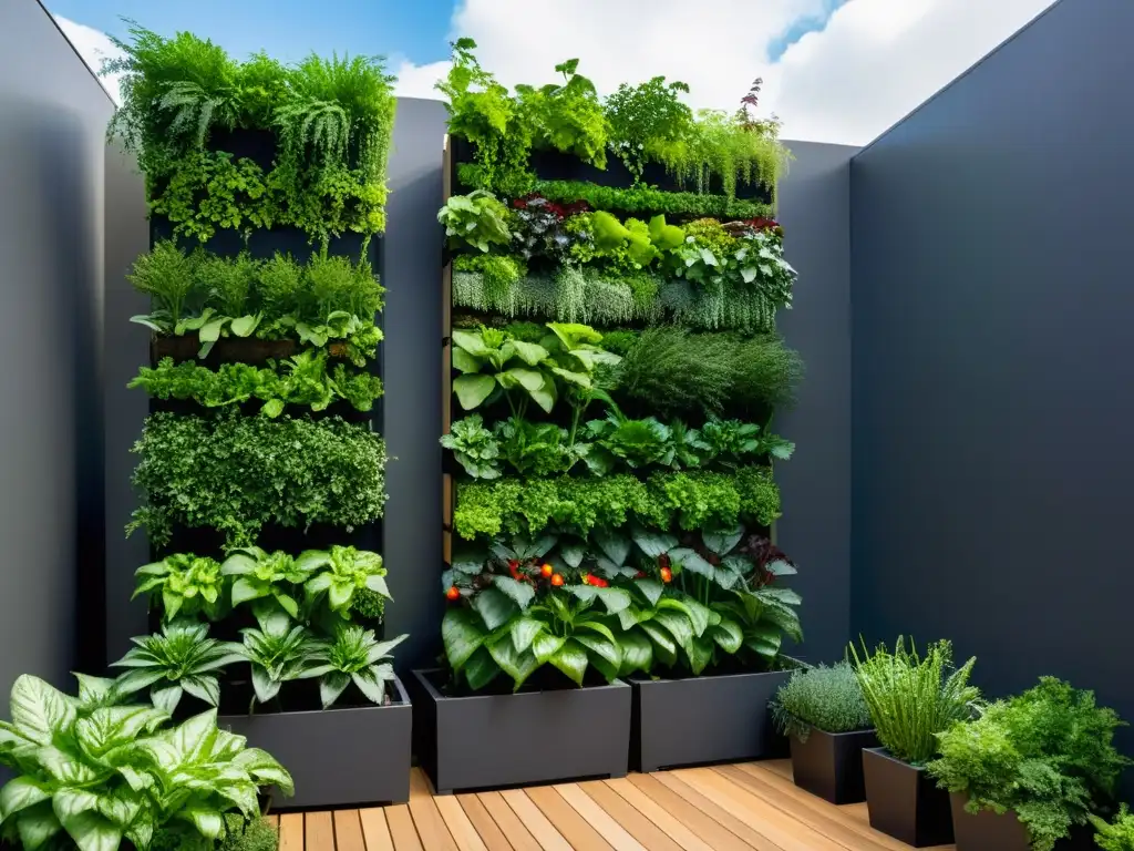 Un impresionante huerto vertical moderno rebosante de vegetación exuberante, que ilustra la autonomía alimentaria en huertos verticales