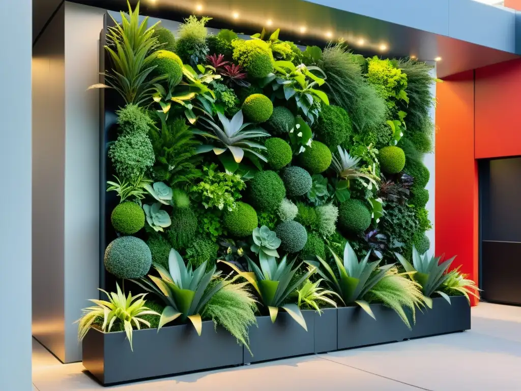 Un impresionante huerto vertical modular en evento de lujo, con plantas exuberantes en patrón visualmente cautivador