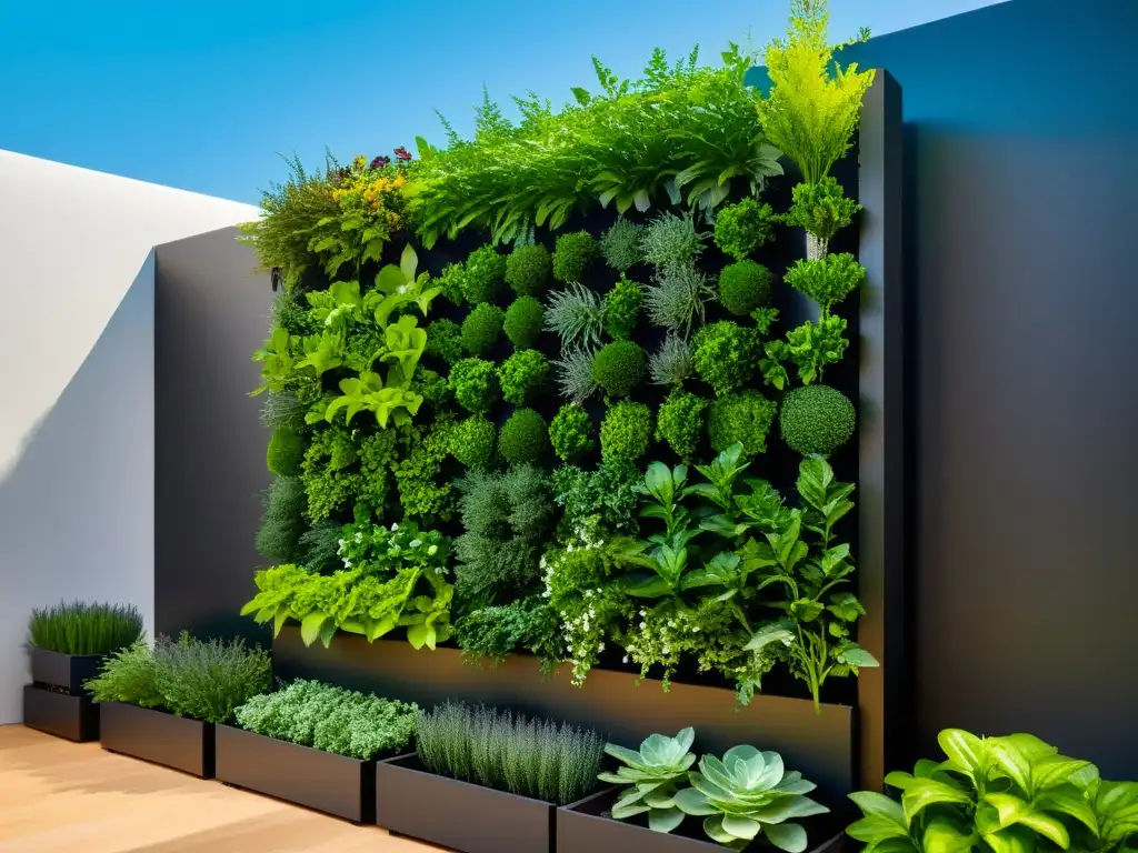 Un impresionante huerto vertical modular en evento urbano, fusionando tecnología y naturaleza con vibrante vegetación y diseño vanguardista