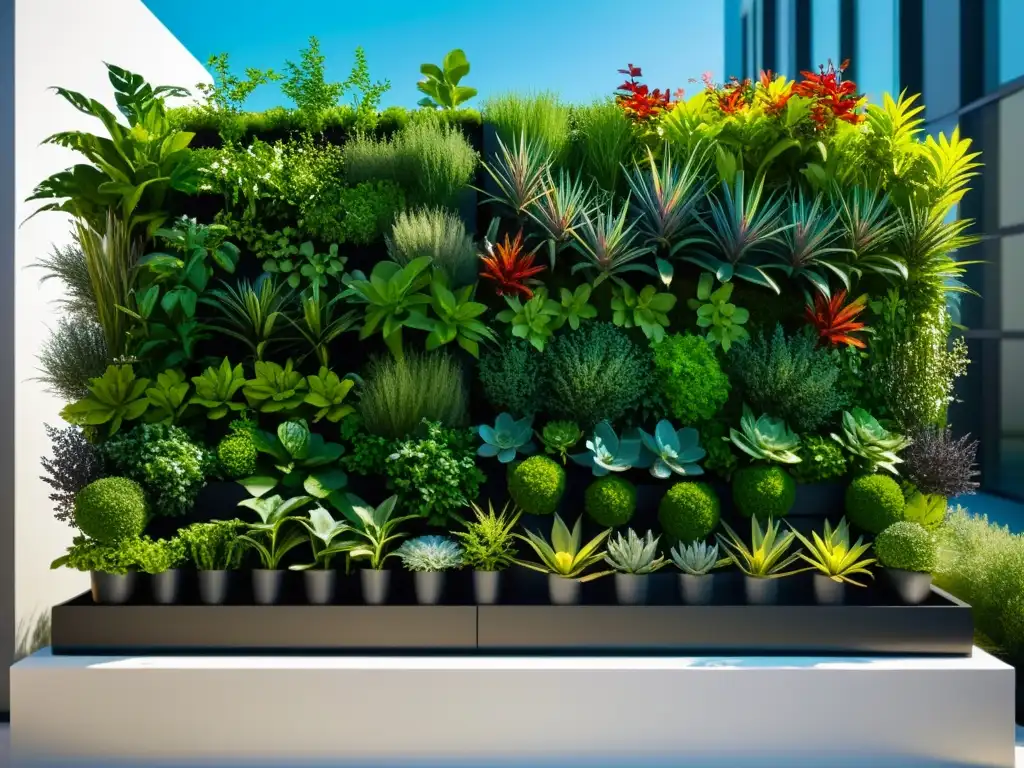 Un impresionante huerto vertical modular escalable con variedad de plantas vibrantes en un entorno urbano minimalista