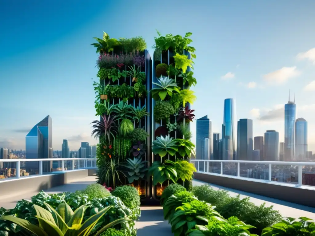 Un impresionante huerto vertical móvil en contraste con el bullicioso skyline urbano, capturando la esencia de la agricultura urbana innovadora