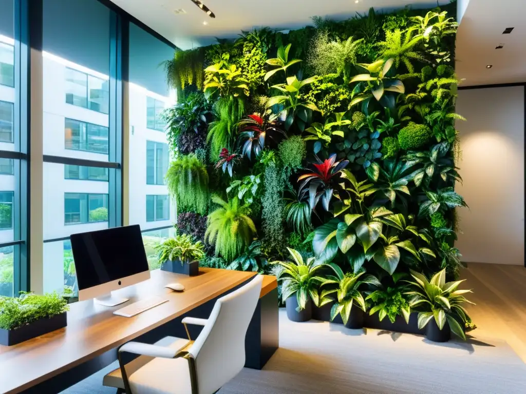 Un impresionante huerto vertical para oficinas, con plantas exuberantes en un moderno espacio de trabajo, bañado por la luz natural