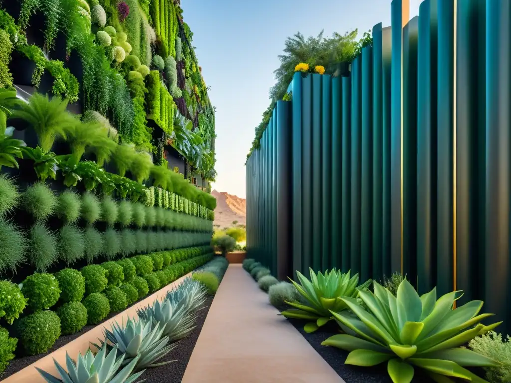 Un impresionante huerto vertical en un paisaje desértico urbano, muestra plantas florecientes en zonas áridas