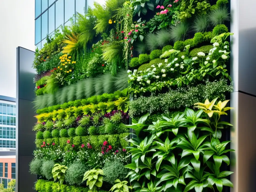 Un impresionante huerto vertical sostenible en entorno urbano, rebosante de vida vegetal y flores vibrantes en un edificio contemporáneo