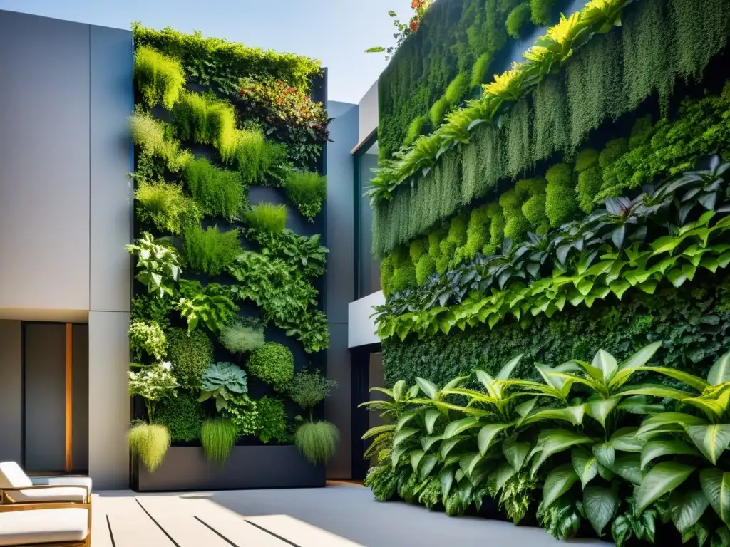 Un impresionante huerto vertical sostenible en un edificio moderno, creando un oasis urbano vibrante