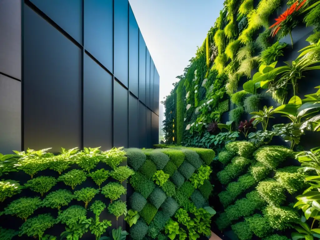 Un impresionante huerto vertical sostenible en la ciudad, una sinfonía de vegetación vibrante y moderna arquitectura