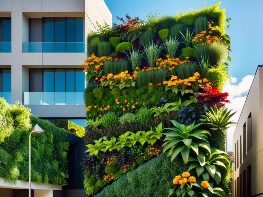 Un impresionante huerto vertical sostenible en la ciudad, lleno de vegetación exuberante y flores coloridas, contrastando con la arquitectura moderna