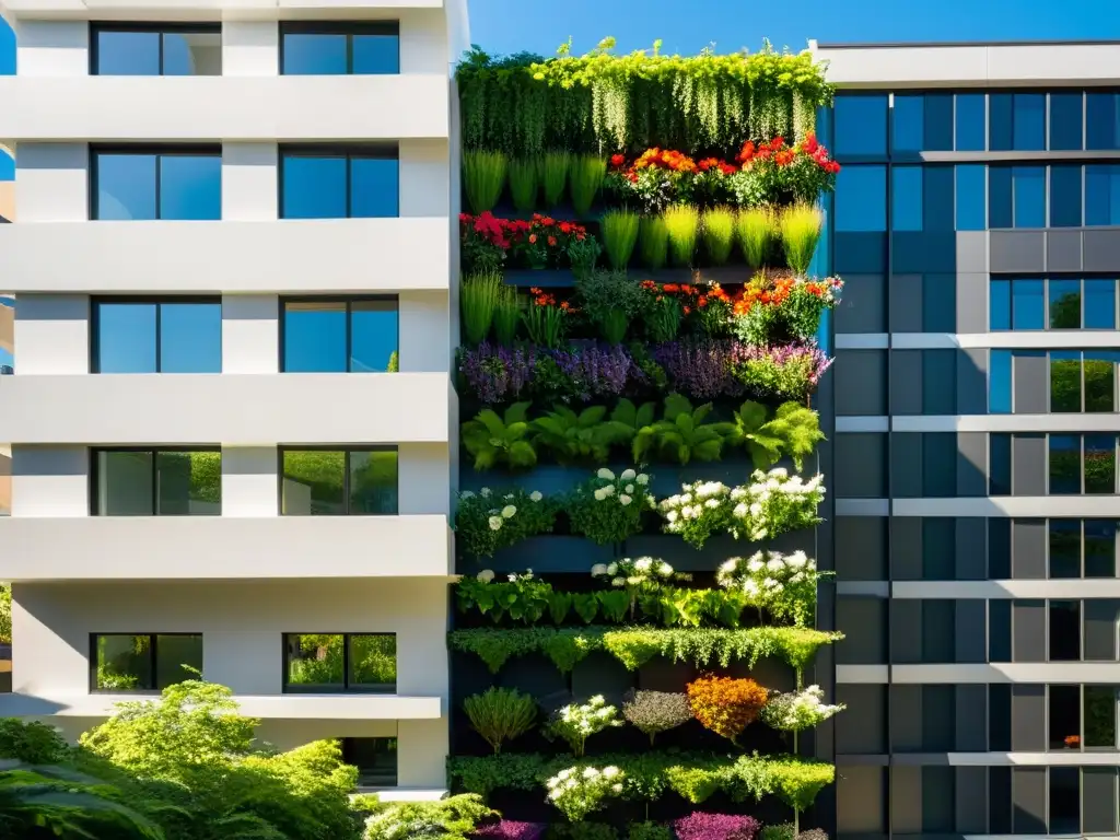 Un impresionante huerto vertical sostenible embellece un edificio urbano, fusionando la naturaleza con la arquitectura moderna