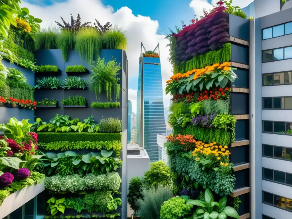 Un impresionante huerto vertical urbano con exuberante vegetación, flores y hortalizas, destacando la integración de la naturaleza en la vida urbana