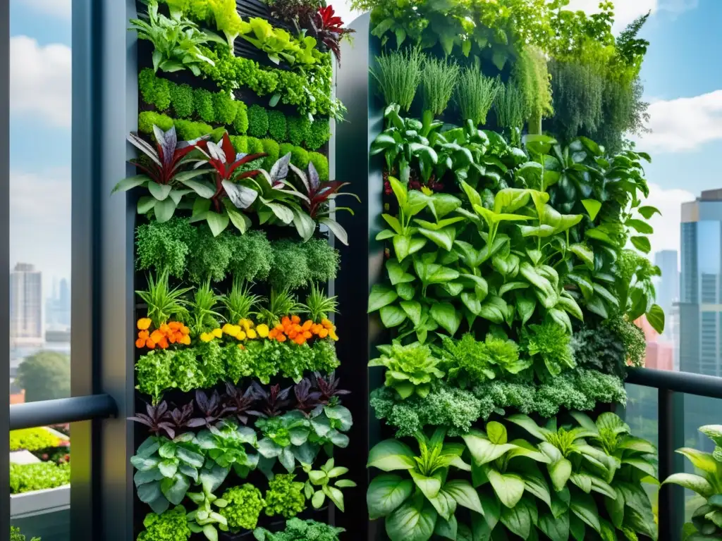 Un impresionante huerto vertical urbano que muestra una gran variedad de vitaminas y minerales esenciales en plantas vibrantes y coloridas