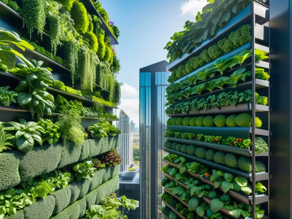 Un impresionante huerto vertical urbano rebosante de superalimentos como kale, espinacas y fresas