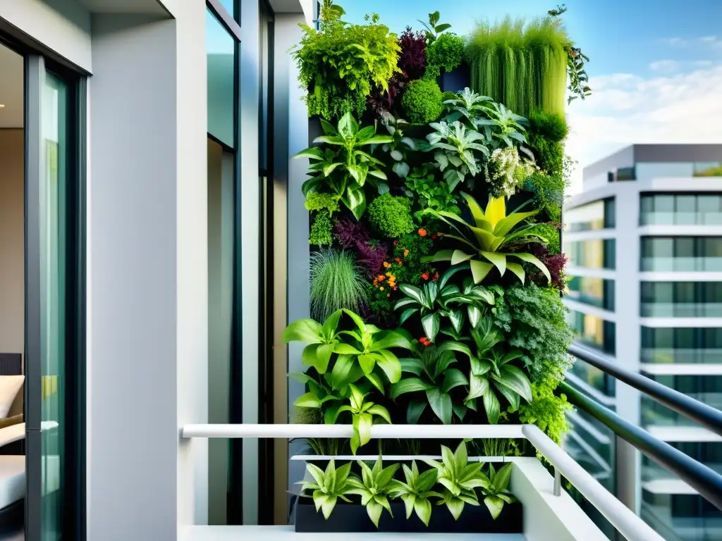 Un impresionante huerto vertical para jardín urbano en un balcón de la ciudad, con plantas exuberantes y diseño moderno