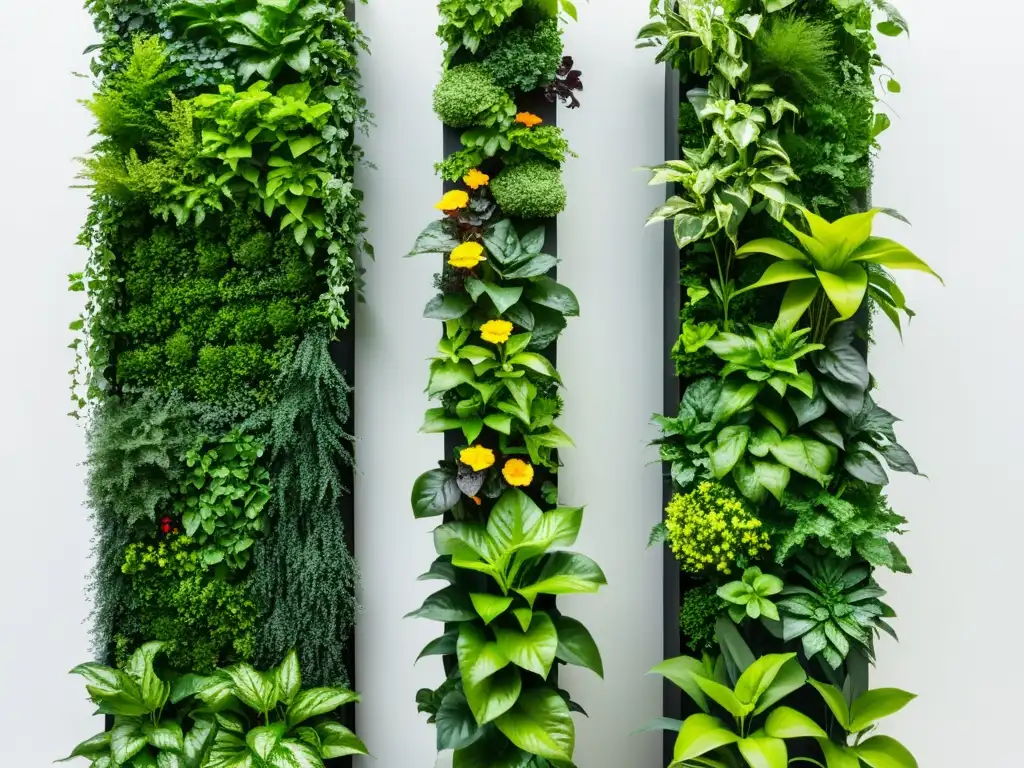 Un impresionante huerto vertical para jardín urbano con plantas exuberantes en una pared blanca, un oasis de innovación y estilo