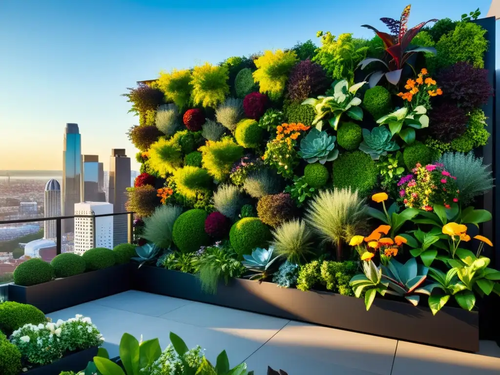 Un impresionante huerto vertical urbano con plantas exuberantes y flores vibrantes, iluminado por cálida luz solar