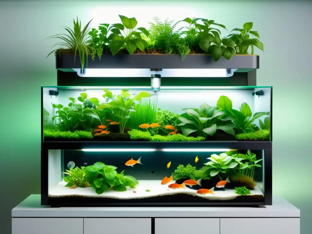 Una impresionante imagen de acuaponía en casa, combina elegancia, naturaleza y relajación