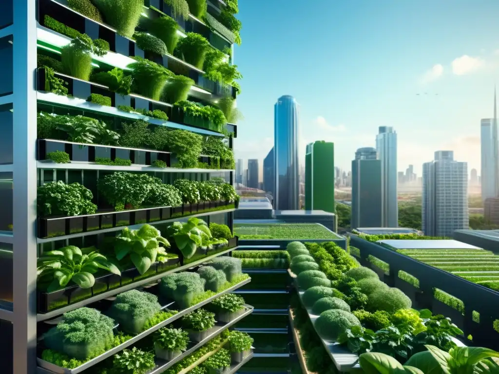 Una impresionante imagen detallada de una futurista granja urbana vertical sostenible, con exuberante vegetación y tecnología innovadora