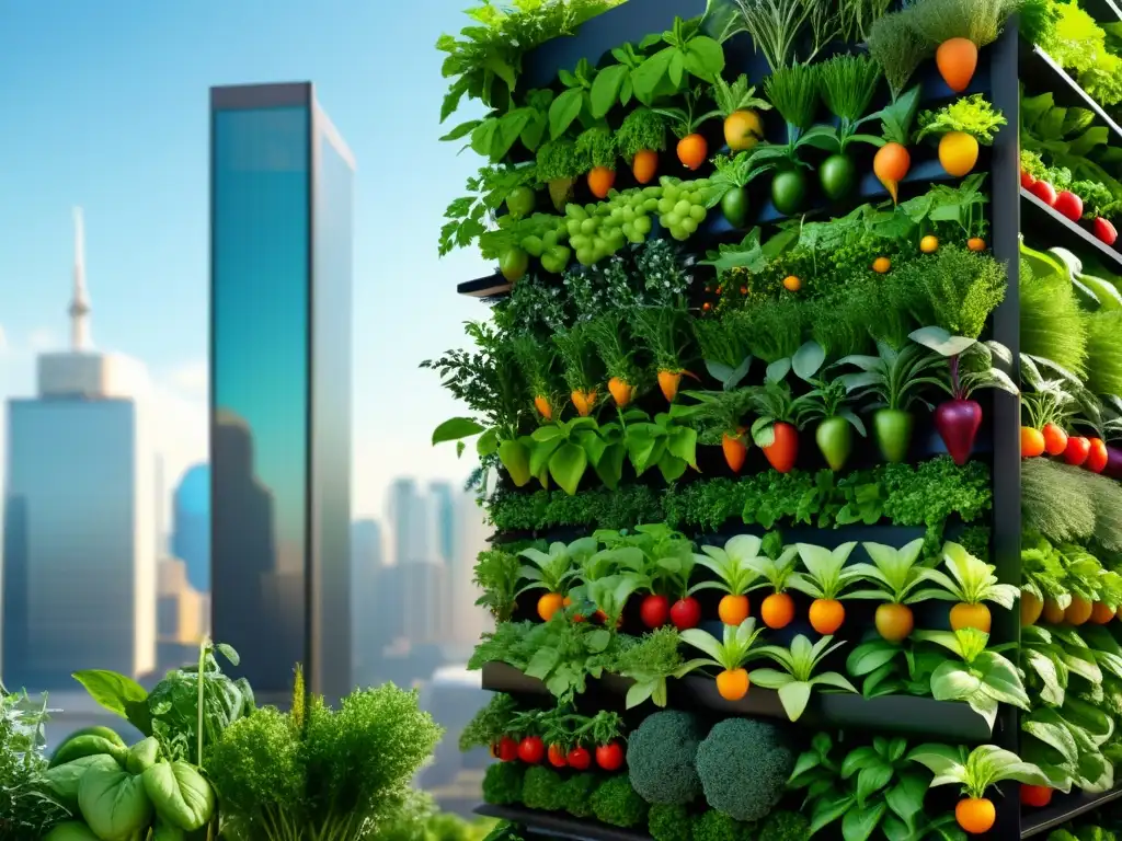 Una impresionante imagen 8k detallada de un huerto vertical modular, rebosante de frutas, verduras y hierbas en un entorno urbano